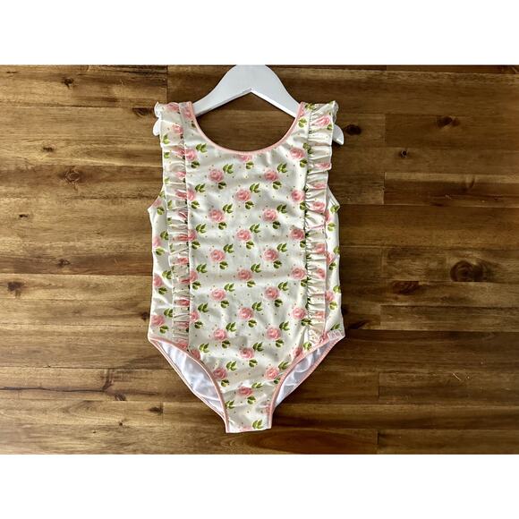 NEW SweetHoney Leotard Peony Rose Floral Cream Pink Dot Sleeveless Ruffle 12 - Picture 2 of 6